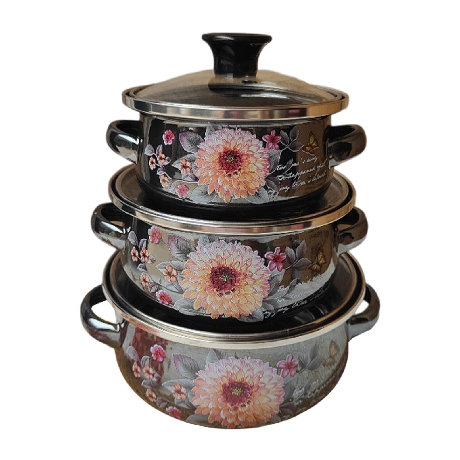 Dualoai 3x Enamel Stockpots Set Cookware Cooker Enamel Pots for Restaurant Home Gift