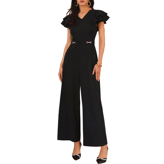 DARING DIVA Women's Formal Ruffled Sleeve Wide Legs Jumpsuits XL Black