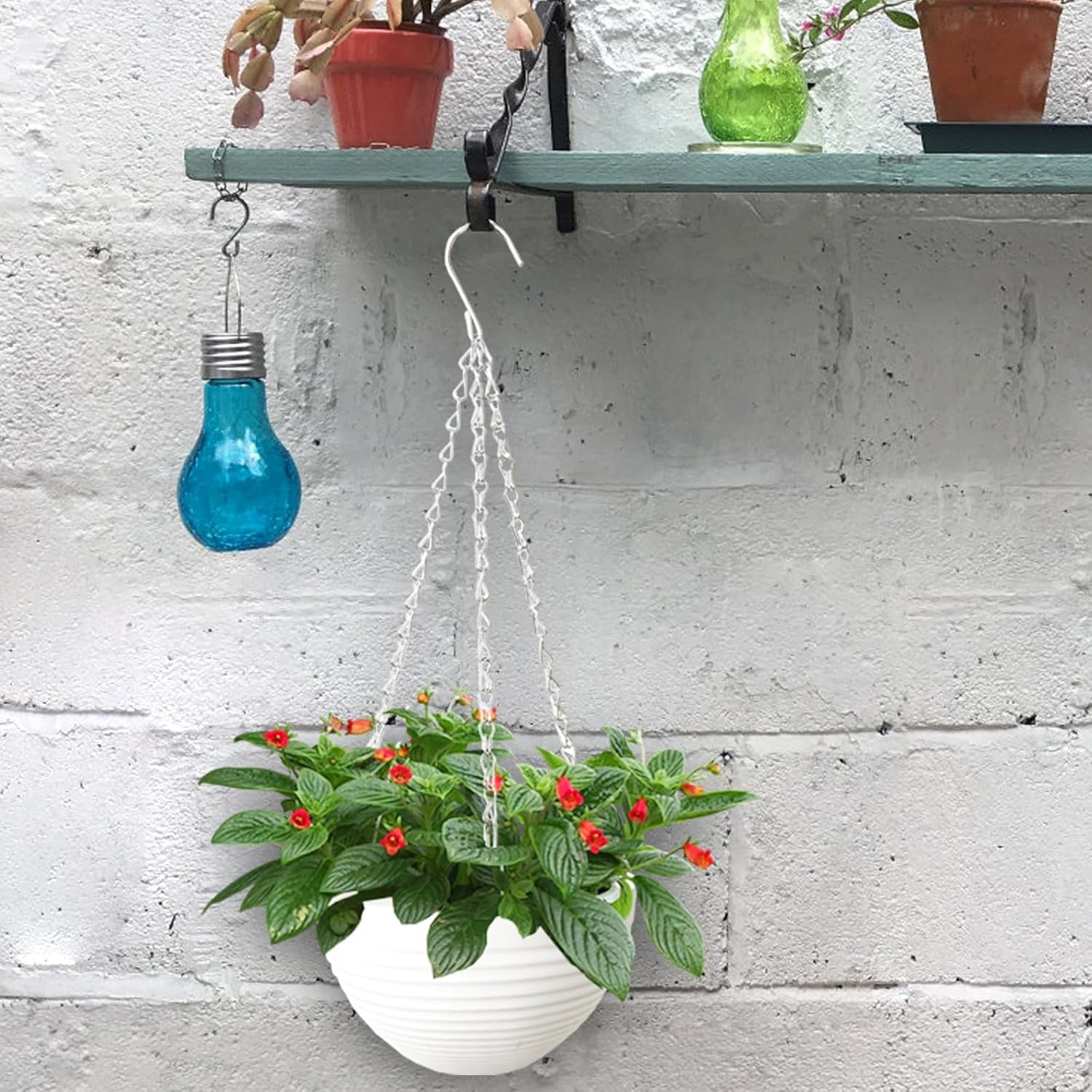 4 Pack 8 inch Plastic Self Watering ,Round Hanging Basket Planter with Drainer and Metal Chain,White Garden Flower Plant Pot Container for Indoor Outdoor Plants