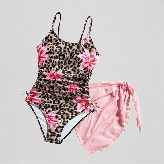 Krdevn Girls Two Piece Swimsuit With Sheer Cover Up Skirt Spaghetti Strap Leopard Print Ruched Waist Summer Beach Pool Swimwear,8-9 Years