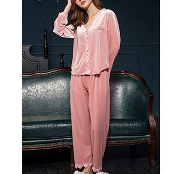 Besolor Soft Pajamas Sets Velvet Pjs Set for Women Velour Long Sleeve Button down Lace Trim Shirts and Pants Sleepwear