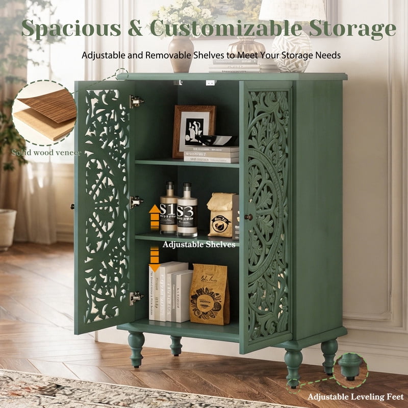 Freestanding Accent Storage Cabinet with Hollowed Out Carved Double Door, Farmhouse Display Buffet Chest with Adjustable Shelf