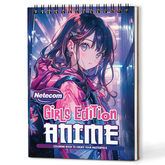 Netecom Girls Edition Anime Coloring Book Spiral Bound for Adults and Anime Fans, A5 Wooden Cover, 30 Animated Girl Coloring Pages of Manga Style for Stress Relief and Relaxation