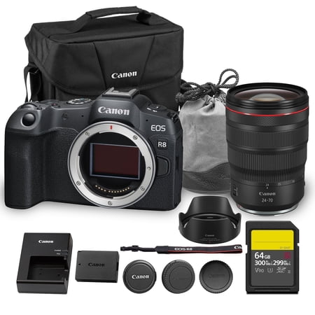 Canon EOS R8 Mirrorless Camera | 24.2MP Full Frame Sensor 4K 60p Video | Compact Lightweight Hybrid Camera for Travel and Content (3680C002) + Canon RF 24-70mm Lens + 64GB Card + Bag