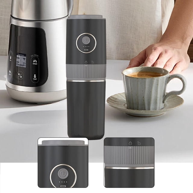 Cafetera eléctrica portátil con molinillo de café, compacta, para moler y preparar café, ideal para senderismo, oficina, picnic y pesca al libre. Negro