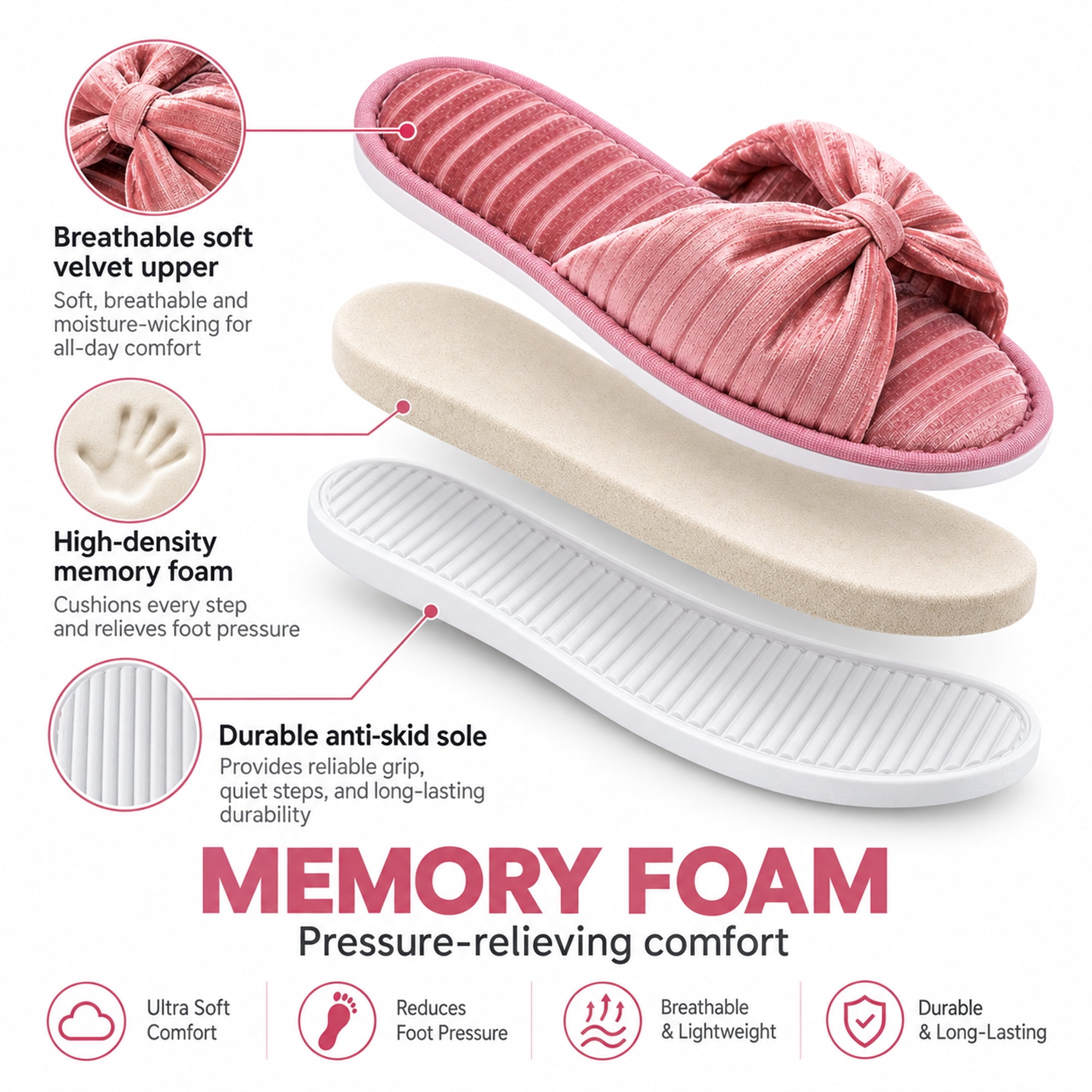 Women’s Memory Foam Open Toe Slide Slippers with Bow, Soft Cushioned Indoor House Shoes, Non-Slip Sole