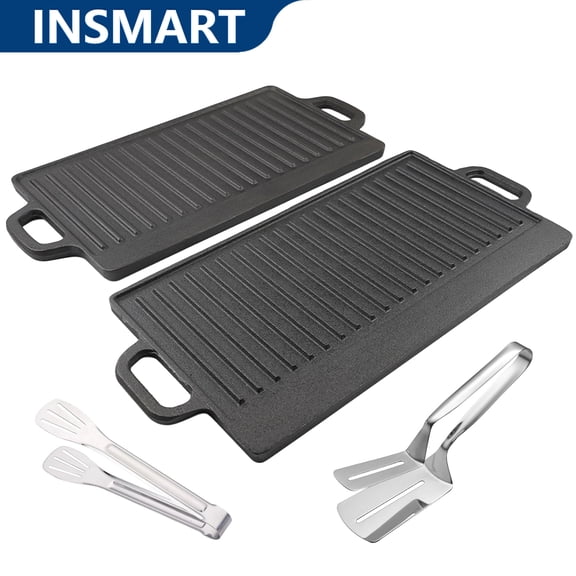 INSMART Cast Iron Grill, Reversible Griddle Plate Pan Set for Stovetop, Gas Grilling, Outdoor Cooking, Rectangular & Ribbed, 16.5 x 9 Inch