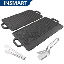 INSMART Double-Sided Cast Iron Grill Pan Set,Suitable for Stovetop, Gas Grilling and Outdoor Cooking,16.5 x 9 Inch Rectangular and Ribbed