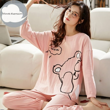 

QWZNDZGR Spring Autumn New Women s Pajamas Sets Long sleeved Cartoon Casual Pajamas Knitted Cotton Home Sleepwear Loungewear Set M-XXXL