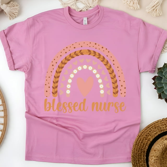 Blessed Nurse Graphic T-Shirt with Rainbow and Heart Design, Azalea, Size 2XL