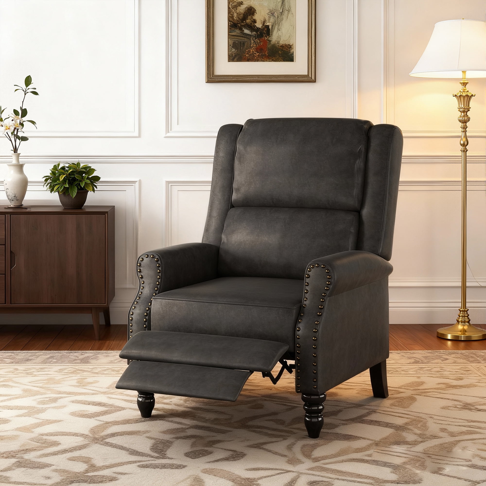 MAYEERTY Gray Faux Leather Pushback Recliner Chair, Ergonomic Design for Living Room, Bedroom & RV