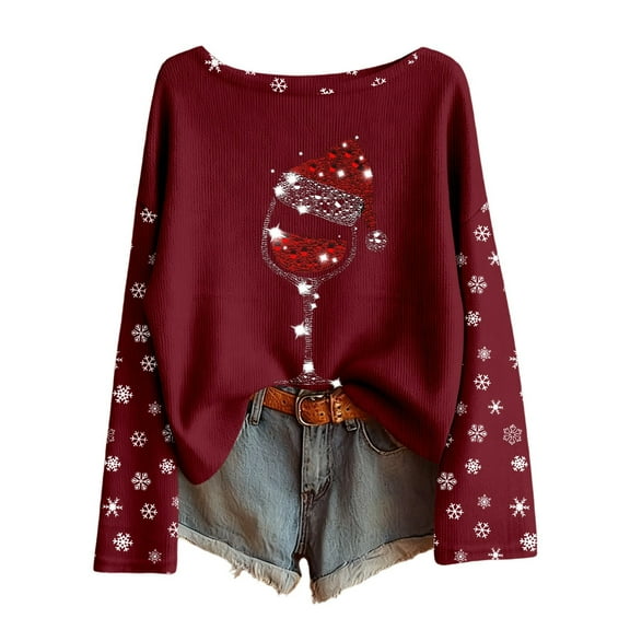 Fiaer Long Sleeve Shirts for Women Christmas Fall Plus Size Xmas T Shirts Glass Snowflake Fashion Tshirts Loose Fit Casual Holiday Tops Red XL