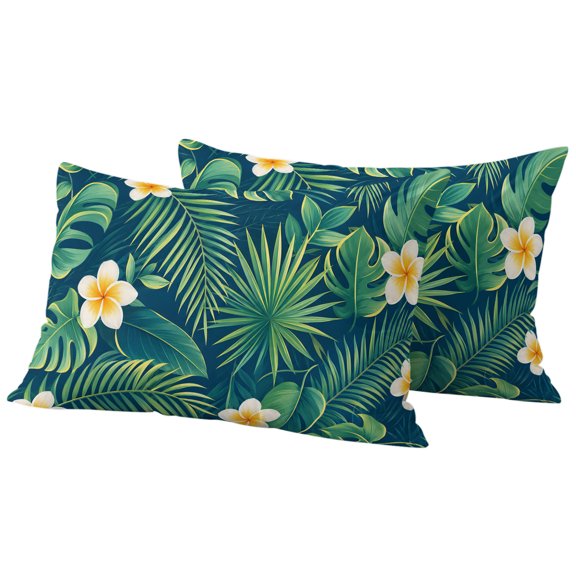 Green Monstera Leaves Outdoor Waterproof Pillow Covers, Frangipani Flowers Tropical Foliage Decorative Rectangle Throw Pillowcase Sofa Cushion Sham for Patio/Couch/Chair, 20"x12" 2 Pack