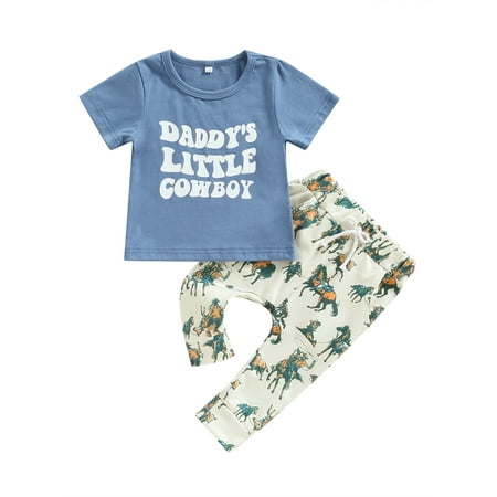 

Sunisery 2Pcs Toddler Infant Baby Boy Western Outfit Short Sleeve Daddy s Little Cowboy Tops Horse Leggings Pants Set Blue 3-6 Months
