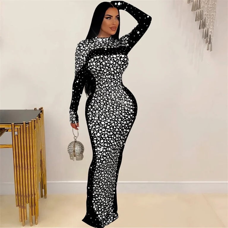 Women's Floral Print Mesh Bodycon Dress - Long Sleeve, Asymmetric Ruffle Hem, Party & Club Midi Dress
