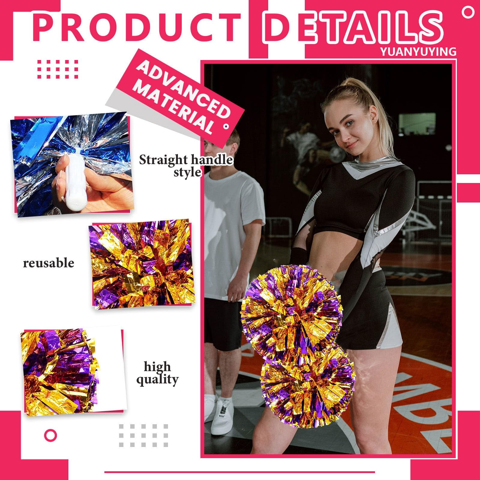24 Pcs Cheerleading poms,pom poms Cheerleading with Straight Handle Style Cheer Pom Pomsfor Dance, Matches, Team Spirit Sports