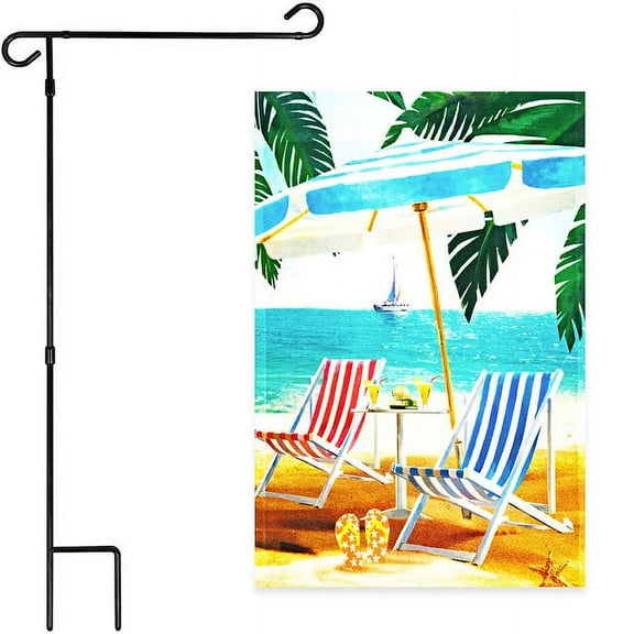 G128 Combo Pack: Garden Flag Stand Black 36x16IN & Garden Flag Beach Summer with Chairs Umbrella 12x18IN