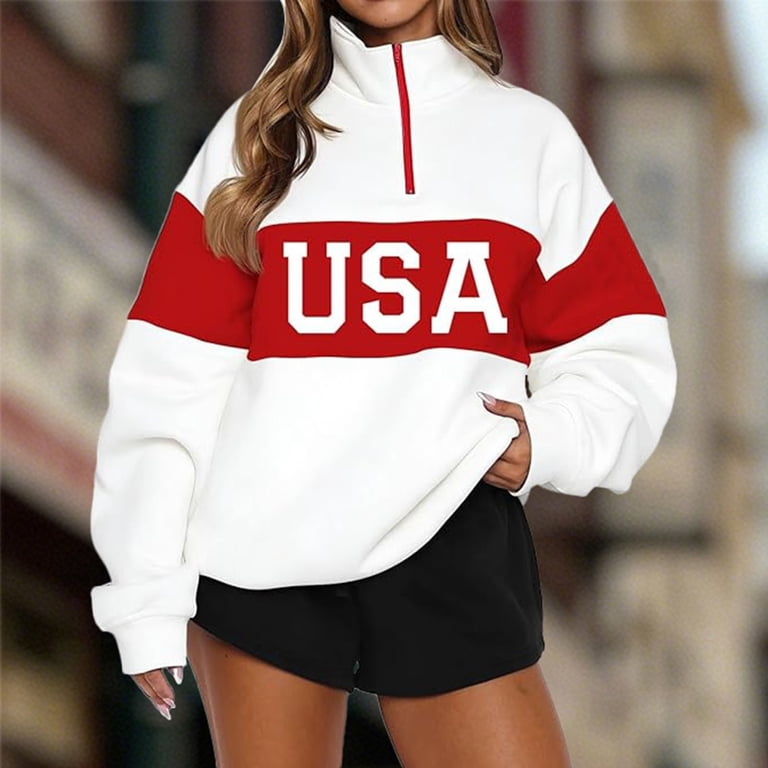 FUZHIQ Women Long Sleeve Sweatshirts Casual Half Zip USA Sweate