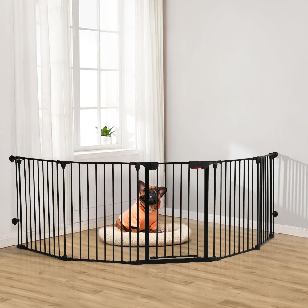LUCKUP Freestanding Dog Gates with Door Walk Through, Extra Wide Doggy Door 125" W x 29" H Pet Gate Safty 5 Panels Dog Fence for Stairs, Doorways