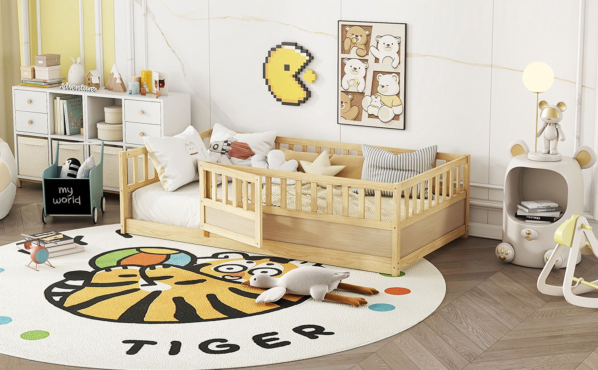 Solid Pine Twin Montessori Floor Bed with Ultra-High Integrated Safety Fence & Clockwise Opening Access Door, Patented Kids Platform Bed with Support Slats Single Package Easy Assembly