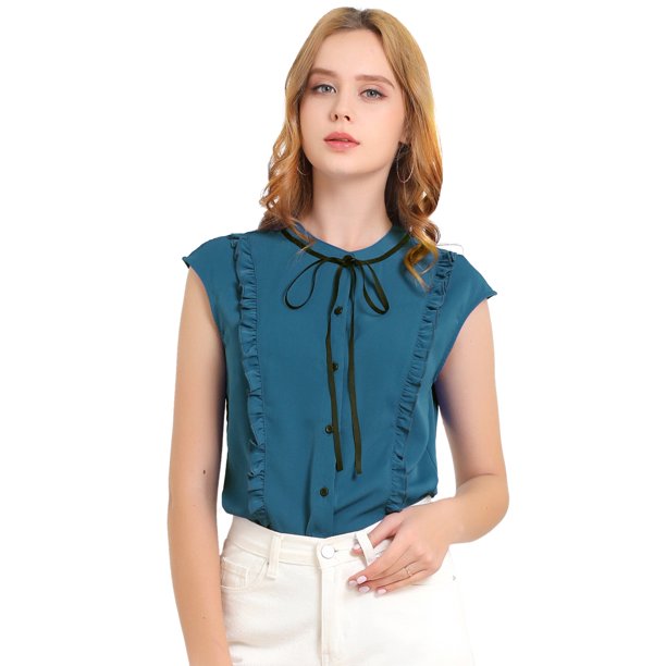 Camisa De Verano De Gasa Con Botones Y Volantes Sin Mangas Con Cuello De Lazo Lindo Para Mujer Azul eléctrico L