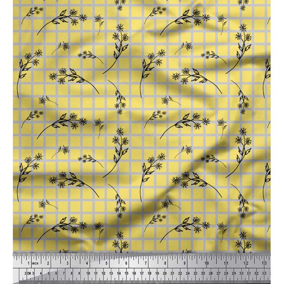Soimoi Yellow Rayon Crepe Fabric Floral & Check Printed Craft Fabric by the Yard 46 Inch Wide