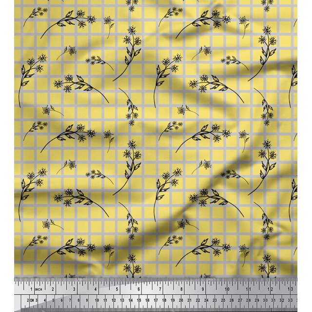 Soimoi Yellow Heavy Satin Fabric Floral & Check Printed Fabric 1 Yard 54 Inch Wide