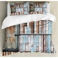 thumbnail image 1 of Wooden Print Duvet Cover Set, Rustic Colored Rusty Planks with Old Ship Door Marine Themed Art, Decorative 3 Piece Bedding Set with 2 Pillow Shams, Queen Size, Blue Brown and White, by Ambesonne, 1 of 3