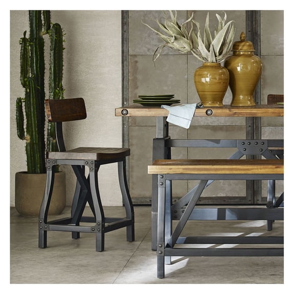 Counter Stool with Back, Industrial Bar Stools Set of 2, Solid Wood Frame Kitchen Island Chairs, Metal Look Base, Adjustable Height, Home Restaurant Pub