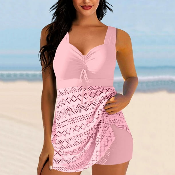 Trajes de baño para mujer, Trajes de baño para mujer, Traje de baño de mujer conservador de color liso con camisola calada y abertura, Traje de baño para mujer