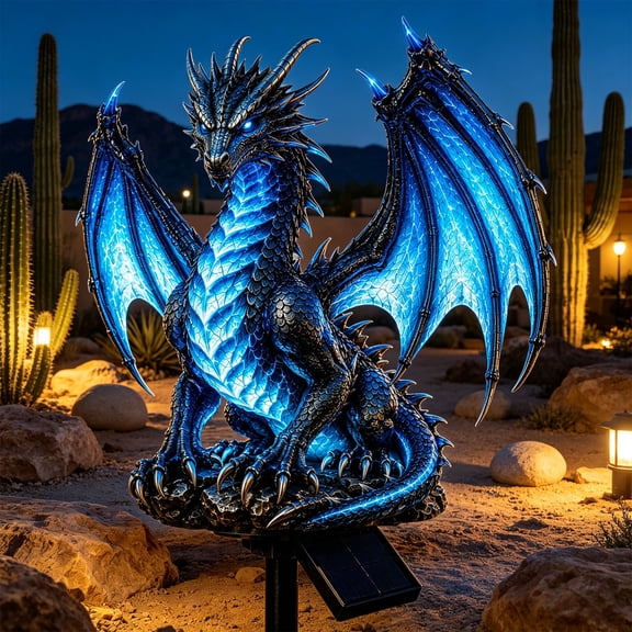 MYUNNIL Solar Blue Dragon Garden Stake Light, 18" Glowing Fantasy Waterproof Dragon Resin Figurine, Eye-Catching Seasonal Decoration for Halloween Yard Garden Lawn