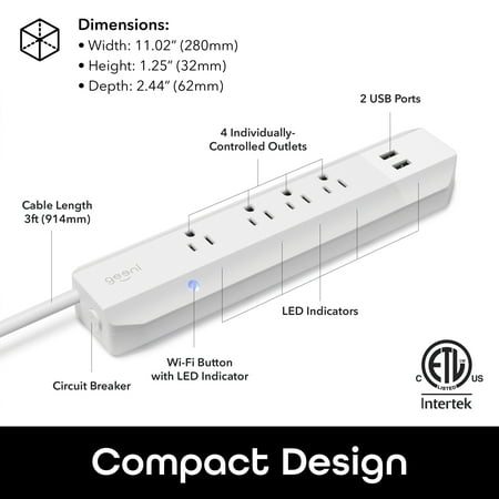 Geeni - Surge Smart Wi-Fi 4-Outlet/2-USB Surge Protector Strip - White