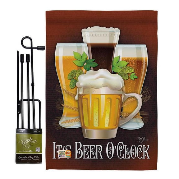 Breeze Decor BD-BV-GS-117028-IP-BO-D-US13-BD 13 x 18.5 in. Its Beer O Clock Happy Hour & Drinks Beverages Impressions Decorative Vertical Double Sided Garden Flag Set with Banner Pole