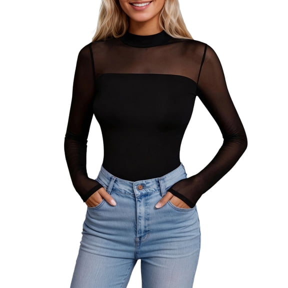 Womens Mesh Sheer Long Sleeve Top Turtle Neck See Though Shirts Ruched Casual Going Out Blouses Black L