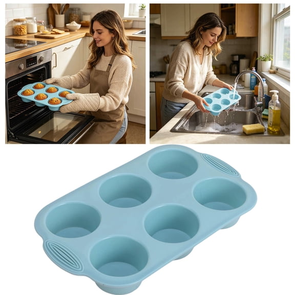 Clearance! Zguuel 6 Cup Silicone Muffin Pan, Non-Stick Baking Tray for Cupcake Oven, Blue