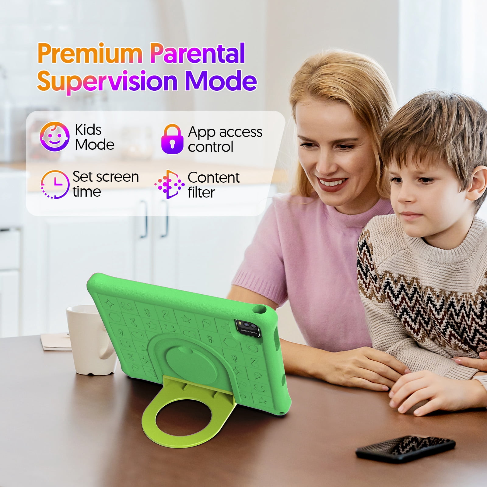 10inch Kids Tablet Android 15,1280x800 HD IPS Display Tablet with EVA Case,12GB (3g+9g) RAM+64GB Rom,Quad-Core, Wi-Fi6,6000mAh,Parental Control App Google Certified - Green