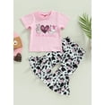thumbnail image 2 of Seyurigaoka 2 Pcs Toddler Baby Girl Easter Outfits Short Sleeve Round Neck Tops and Cow Print Flare Pants Set, 2 of 9