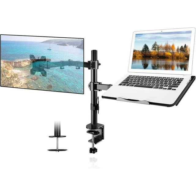 Monitor and Laptop Mount Holds Computer Screen Adjustable Monitor Arm Stand with Laptop Tray for Hold lbs with Clamp and Grommet Mounting Base
