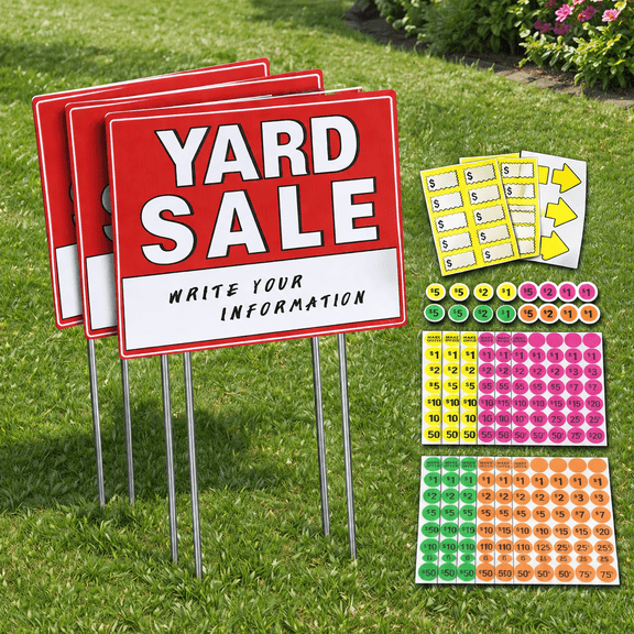 Yard Sale Signs Kit With Price Stickers (8 Pack) 3 Stakes 5 Garsales Directional Arrows Sign Supplies Large Prices Tags Double Si