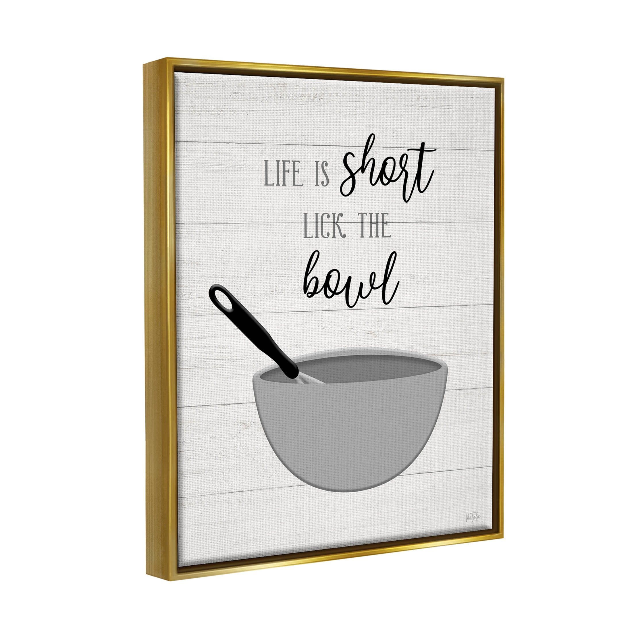 Life Is Short Lick The Bowl Phrase Typography Graphic Art Metallic Gold Framed Art Print Wall Art