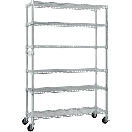 6-Tier Steel Wire Shelving Unit with Wheels and Adjustable Height, Heavy-Duty Carbon Steel Storage Rack for Home Office Organization