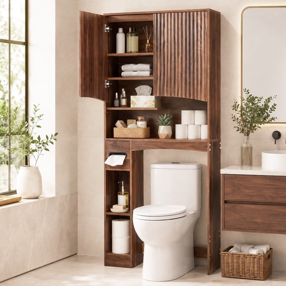 Ktaxon Large Fluted Over the Toilet Bathroom Storage Cabinet Space Saver, Walnut