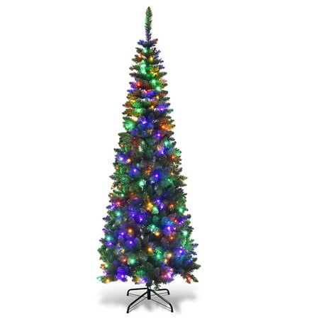 6.5ft Pencil Christmas Tree Pre-Lit Hinged Artificial Decoration w/ 250 Colorful