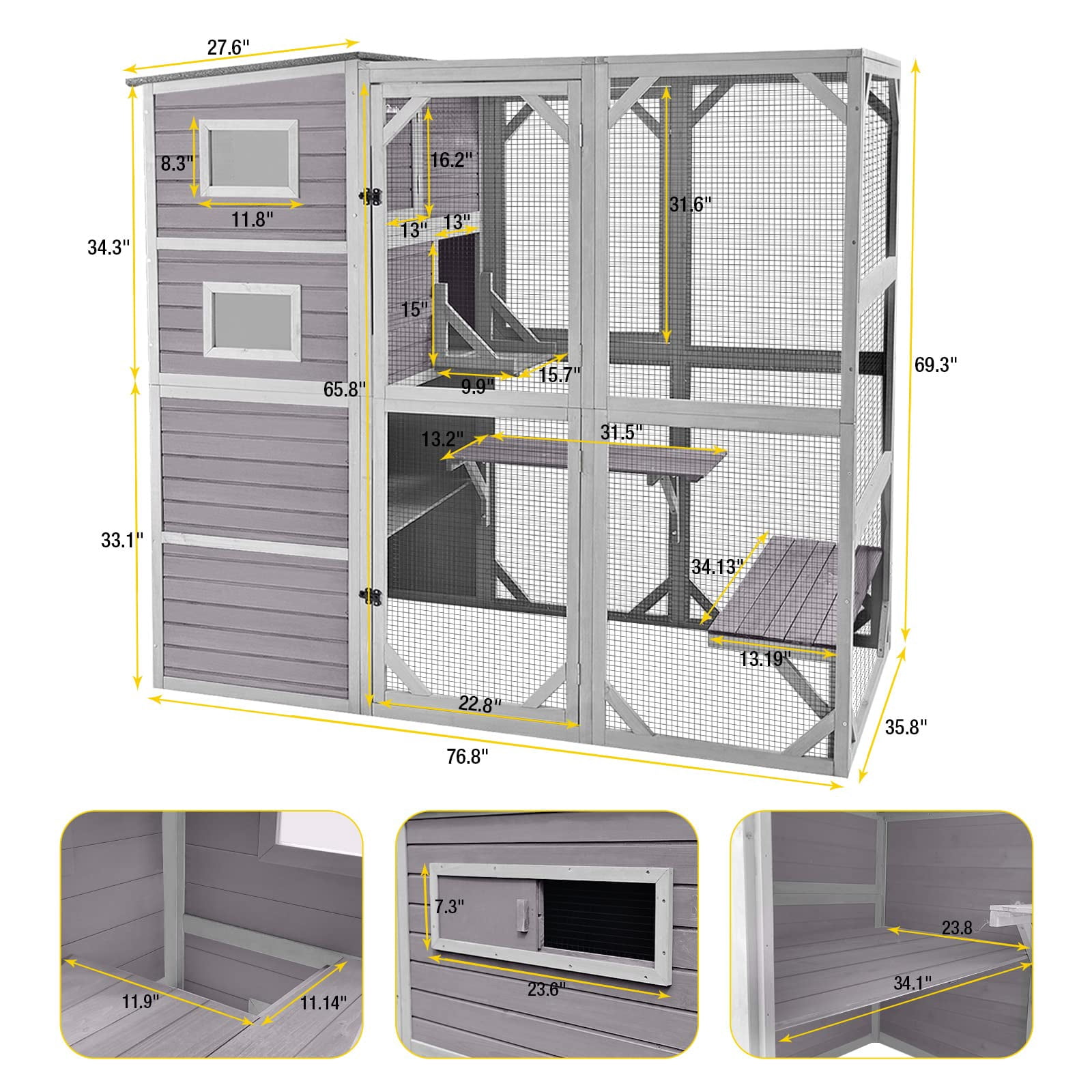 4 Tier Large Catio Enclosure for Indoor Outdoor Cats, Multi-Level Cat House with Weatherproof Roof, 3 Cozy Rooms, 5 Windows, 3 Platforms, Spacious Pet Play Area, Grey