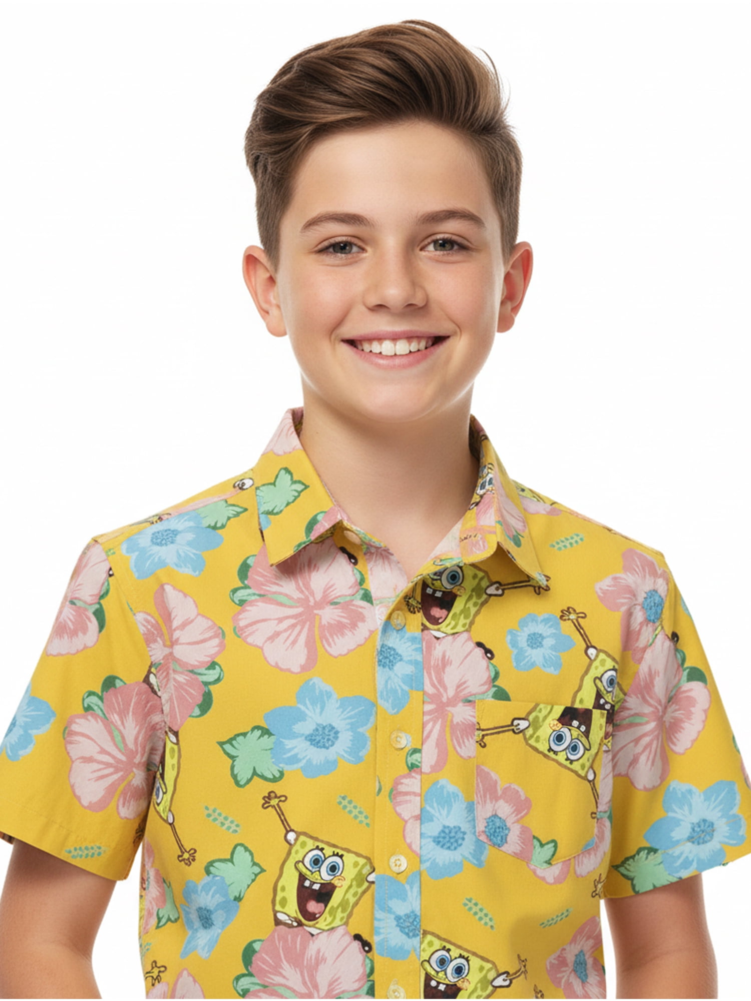 SpongeBob SquarePants Boys Cotton Graphic Button Up Shirt with Short Sleeves, Sizes 4-18