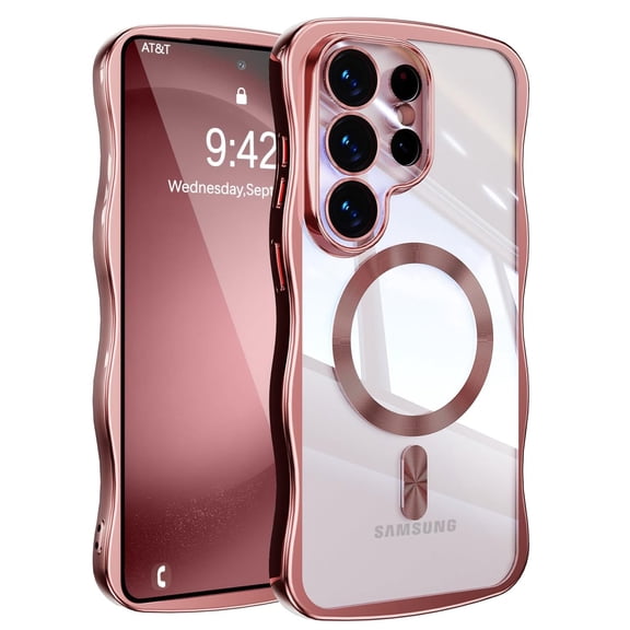 Dteck Magnetic Case for Samsung Galaxy S25 Ultra,Shockproof Wavy Clear Case Compatible with Mag Safe Electroplated TPU Cover for Samsung Galaxy S25 Ultra,Pink