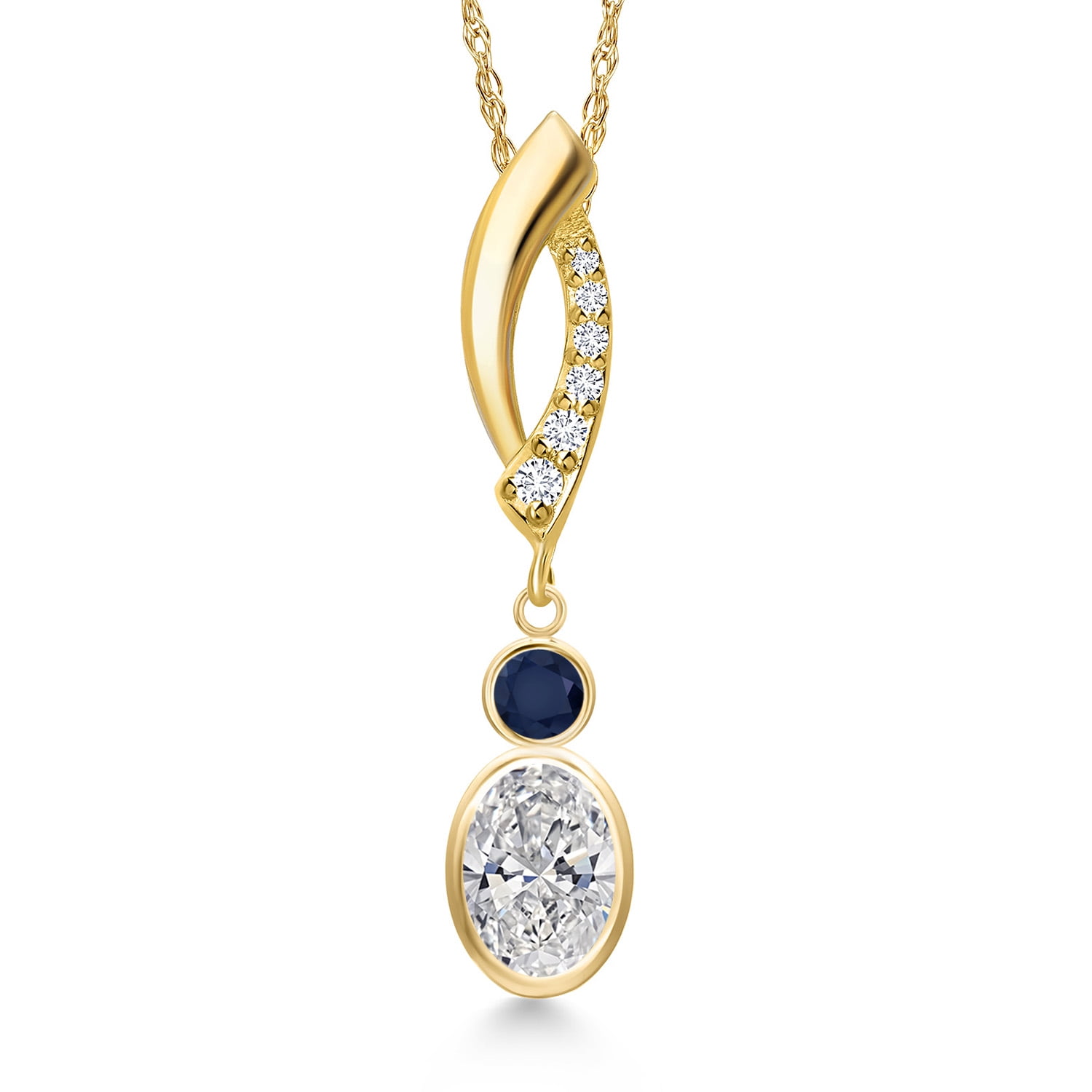 Gem Stone King 14K Yellow Gold DEF Lab Grown Diamond and Blue Sapphire and Lab Grown Diamond Pendant Necklace for Women | 0.91 Cttw | Gemstone April Birthstone | Oval 7X5MM | With 18 inch Chain