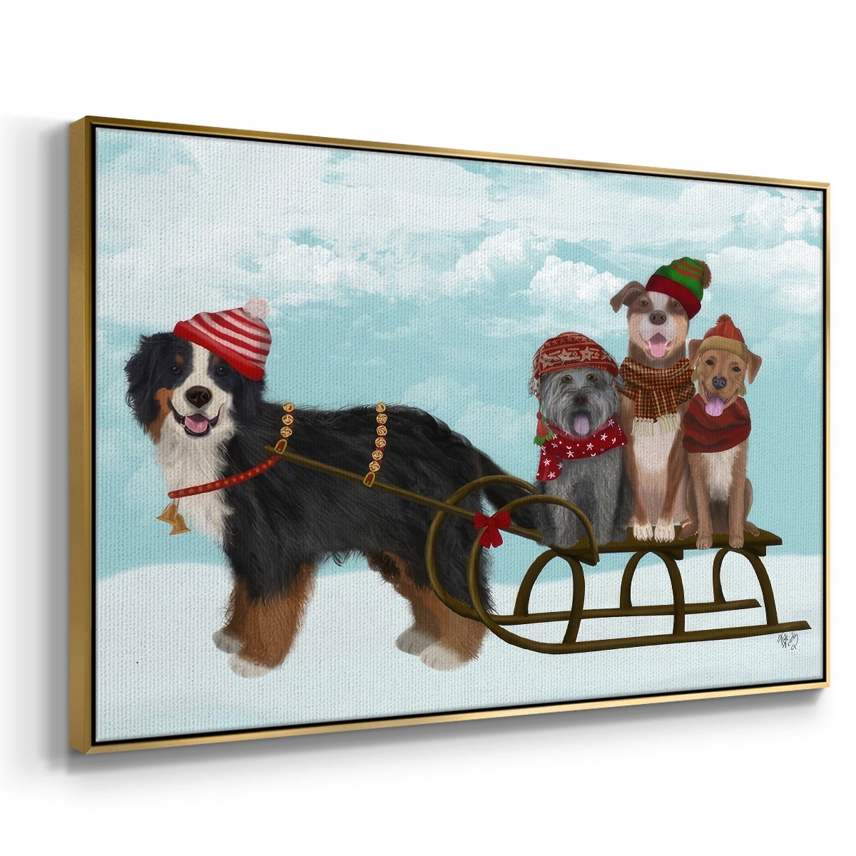 Christmas Mutt Sled - Framed Gallery Wrapped Holiday Canvas - 17 x 25 - Gold Frame
