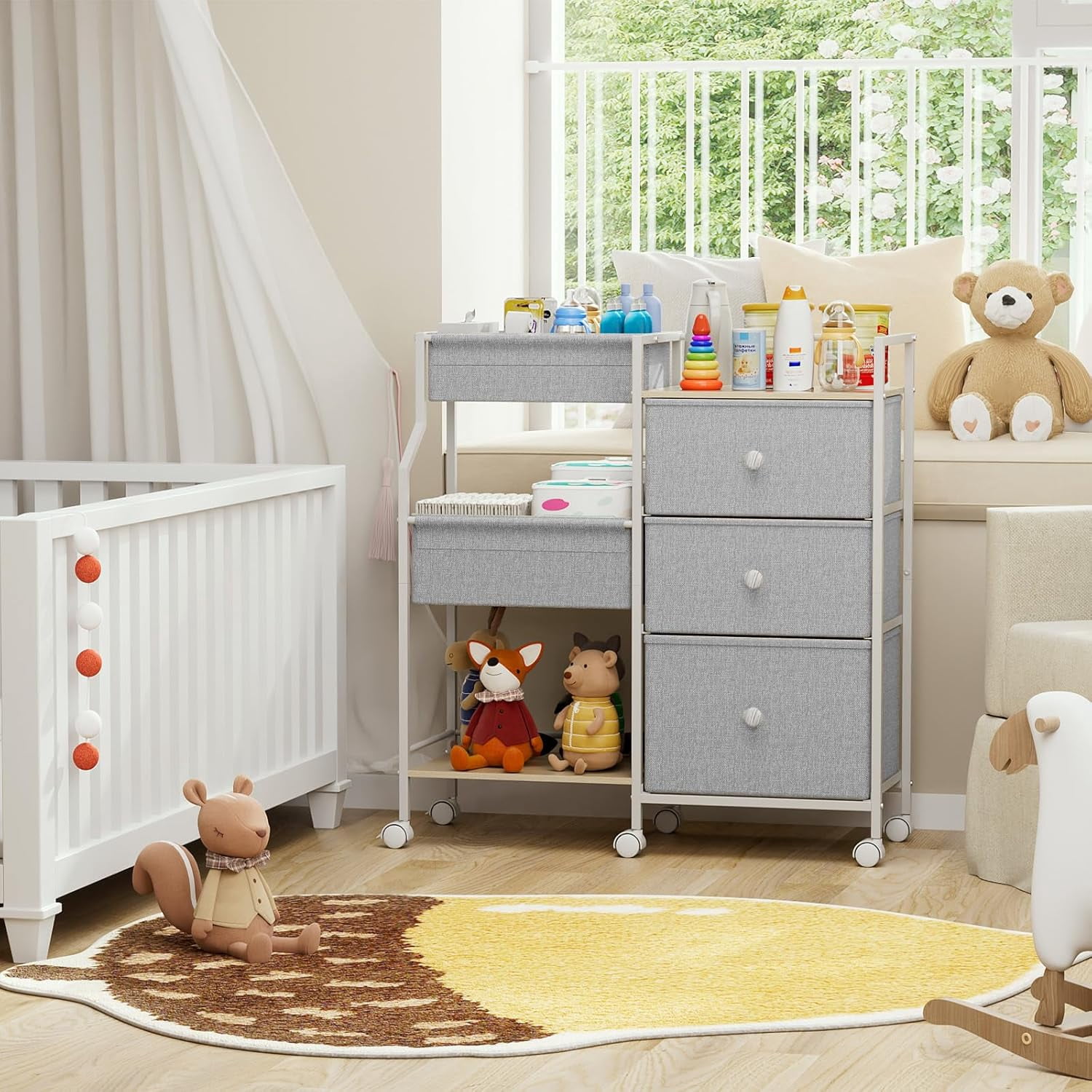 Baby Organizer and Storage - 3 Tier Rolling Cart with Dividers and Drawers, Easy To Assemble, Mobile Utility Cart with Wheels for Nursery, Bedroom, Changing Table & Crib, Light Gray