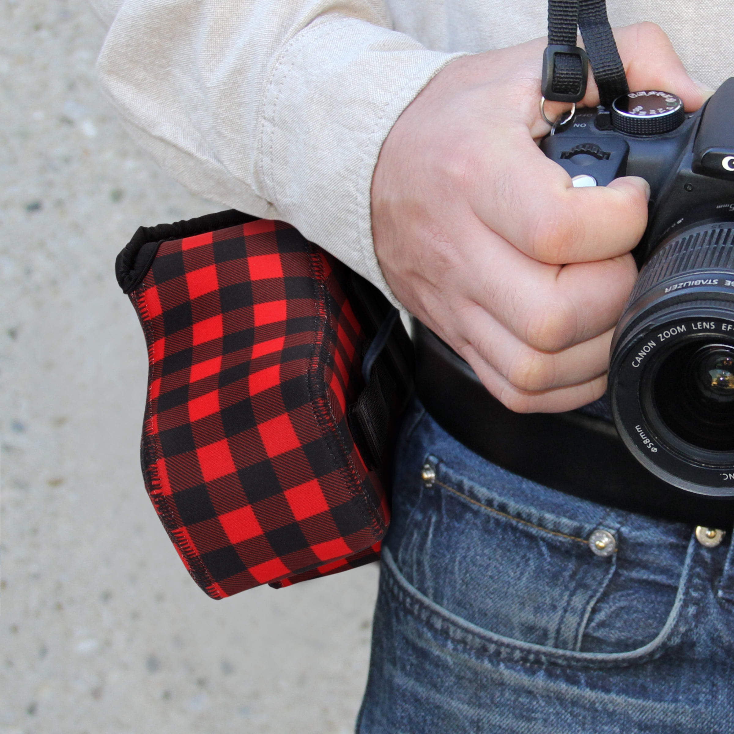 USA GEAR DSLR Camera Case / SLR Camera Sleeve (Red Plaid) with Neoprene Protection , Holster Belt Loop and Accessory Storage - Compatible With Nikon D3400 / Canon EOS Rebel SL2 / Pentax K-70 & More